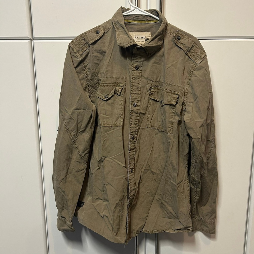 U.S. Army Authentic Apparel Mens Large Olive Green Military Button Down Shirt L‎